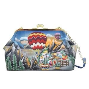 Anuschka Jungle Hand-Painted Leather Kiss Lock Clutch Crossbody Shoulder Purse